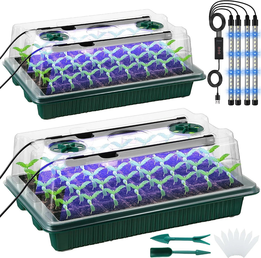 Seed Starter Tray Set with High Dome Germination Kit - 80 Cells, 4 LED Grow Lights, Smart Timer, and 3 Modes for Home Gardening (2 Pack)
