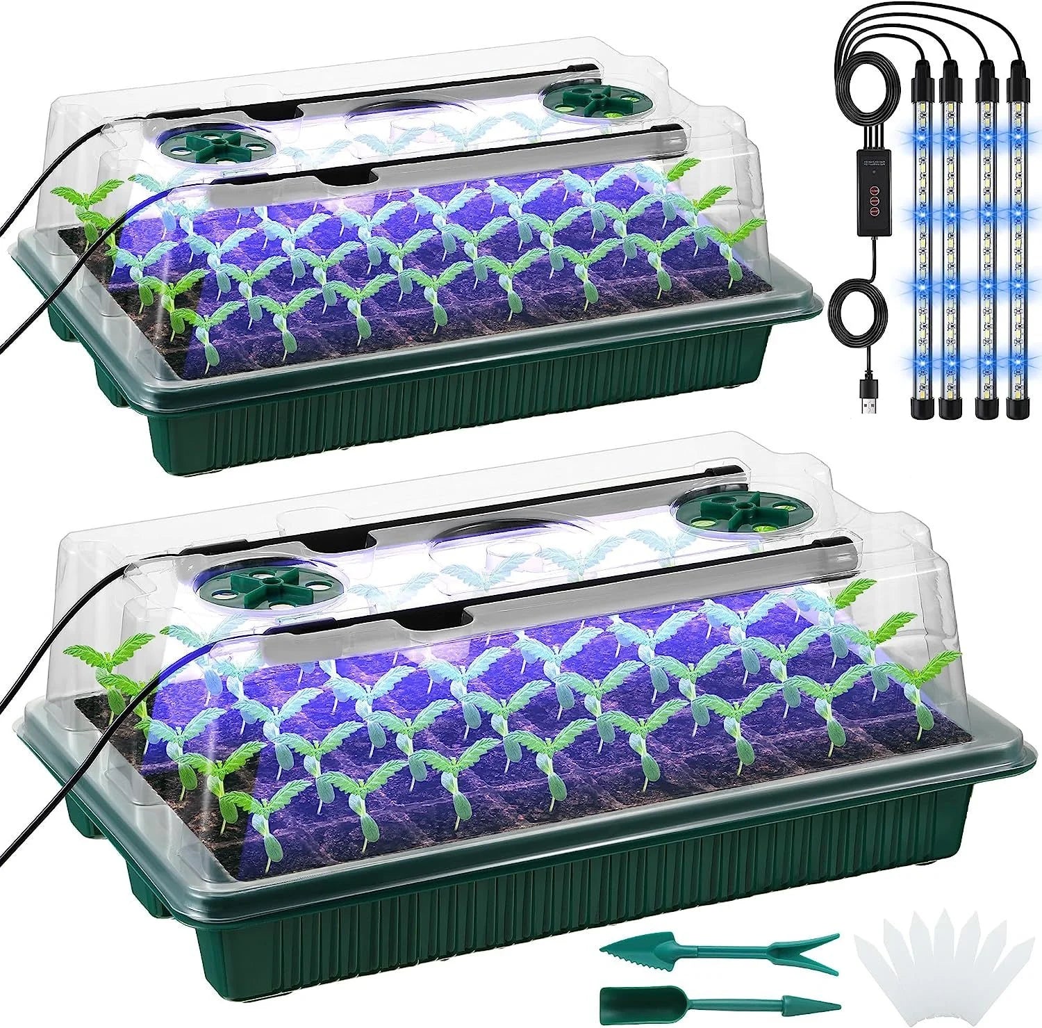 Seed Starter Tray Set with High Dome Germination Kit - 80 Cells, 4 LED Grow Lights, Smart Timer, and 3 Modes for Home Gardening (2 Pack)