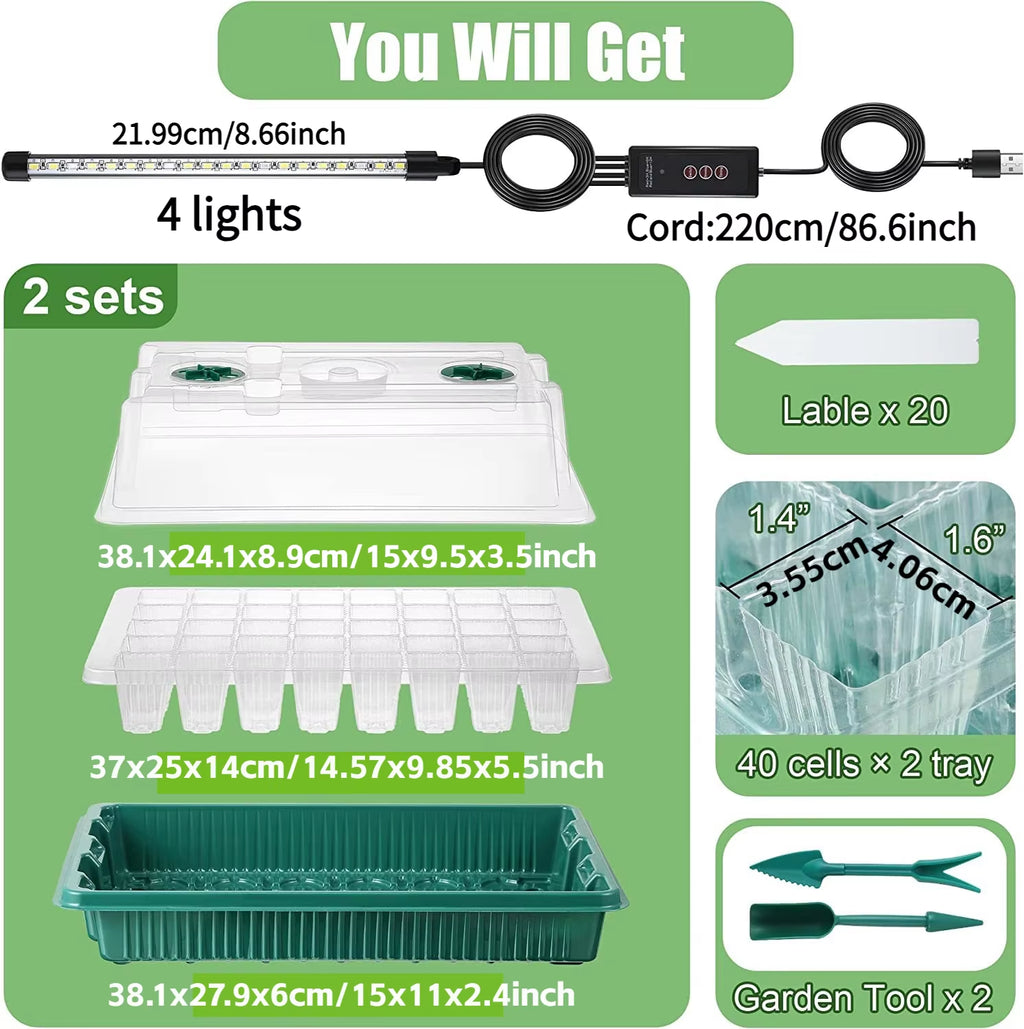 Seed Starter Tray Set with High Dome Germination Kit - 80 Cells, 4 LED Grow Lights, Smart Timer, and 3 Modes for Home Gardening (2 Pack)