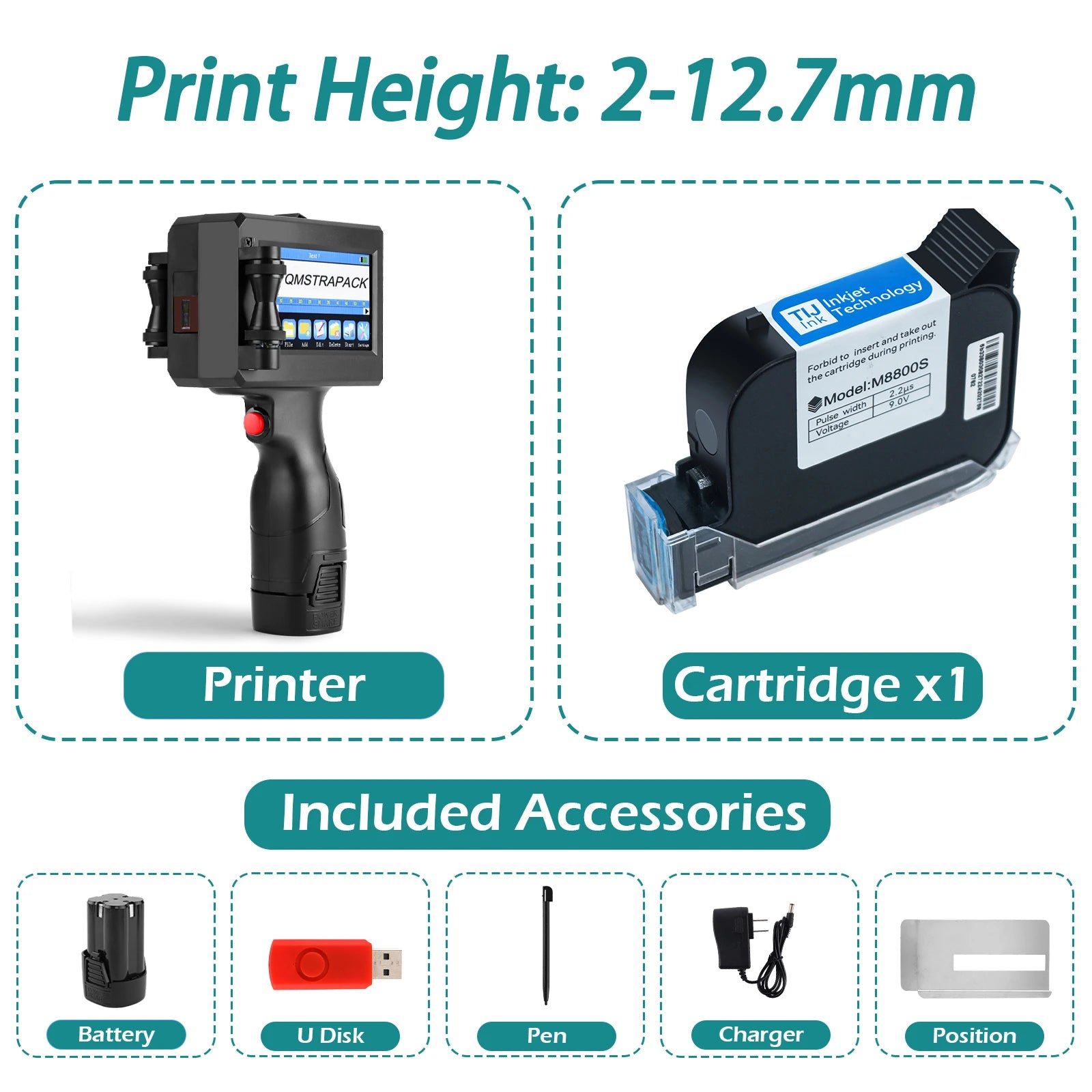 Professional Handheld Inkjet Printer 12.7mm with Fast-Drying Ink for Text, QR Code, Barcode, Batch Number, Logo, and Date Label Printing