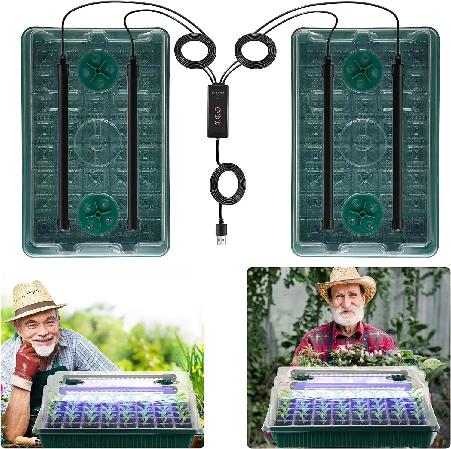 Seed Starter Tray Set with High Dome Germination Kit - 80 Cells, 4 LED Grow Lights, Smart Timer, and 3 Modes for Home Gardening (2 Pack)