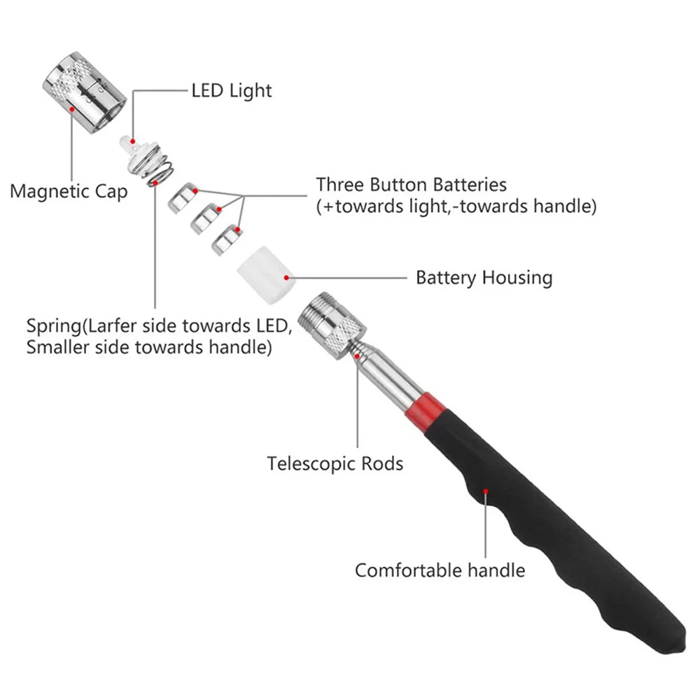 Telescopic Magnetic Iron Retrieval Tool with LED Illumination for Enhanced DIY Applications