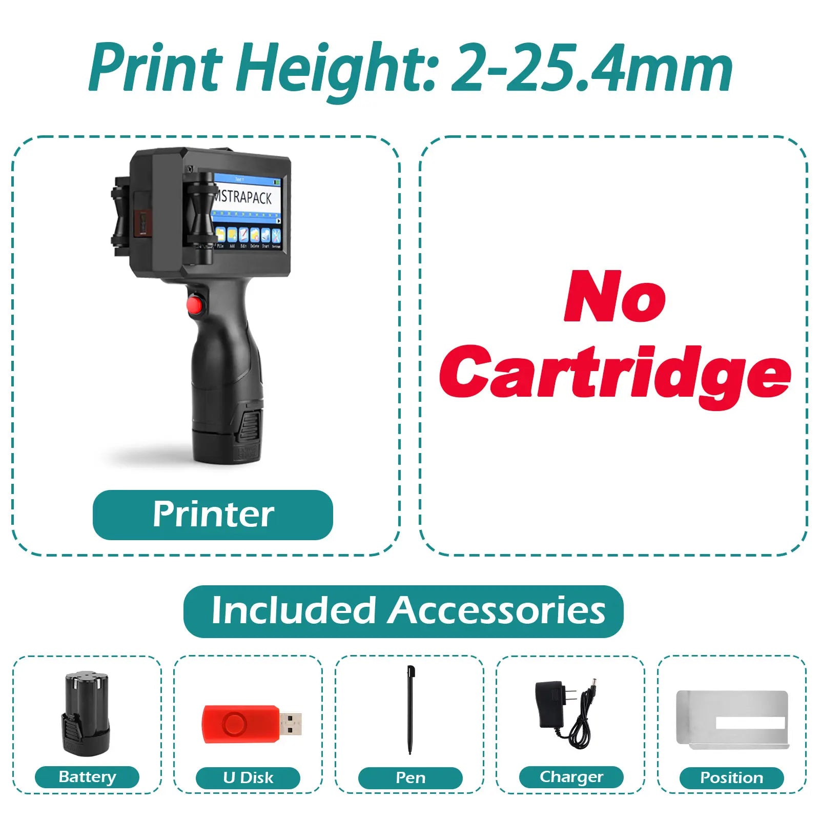 Professional Handheld Inkjet Printer 12.7mm with Fast-Drying Ink for Text, QR Code, Barcode, Batch Number, Logo, and Date Label Printing