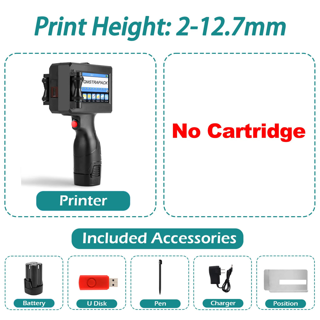 Professional Handheld Inkjet Printer 12.7mm with Fast-Drying Ink for Text, QR Code, Barcode, Batch Number, Logo, and Date Label Printing