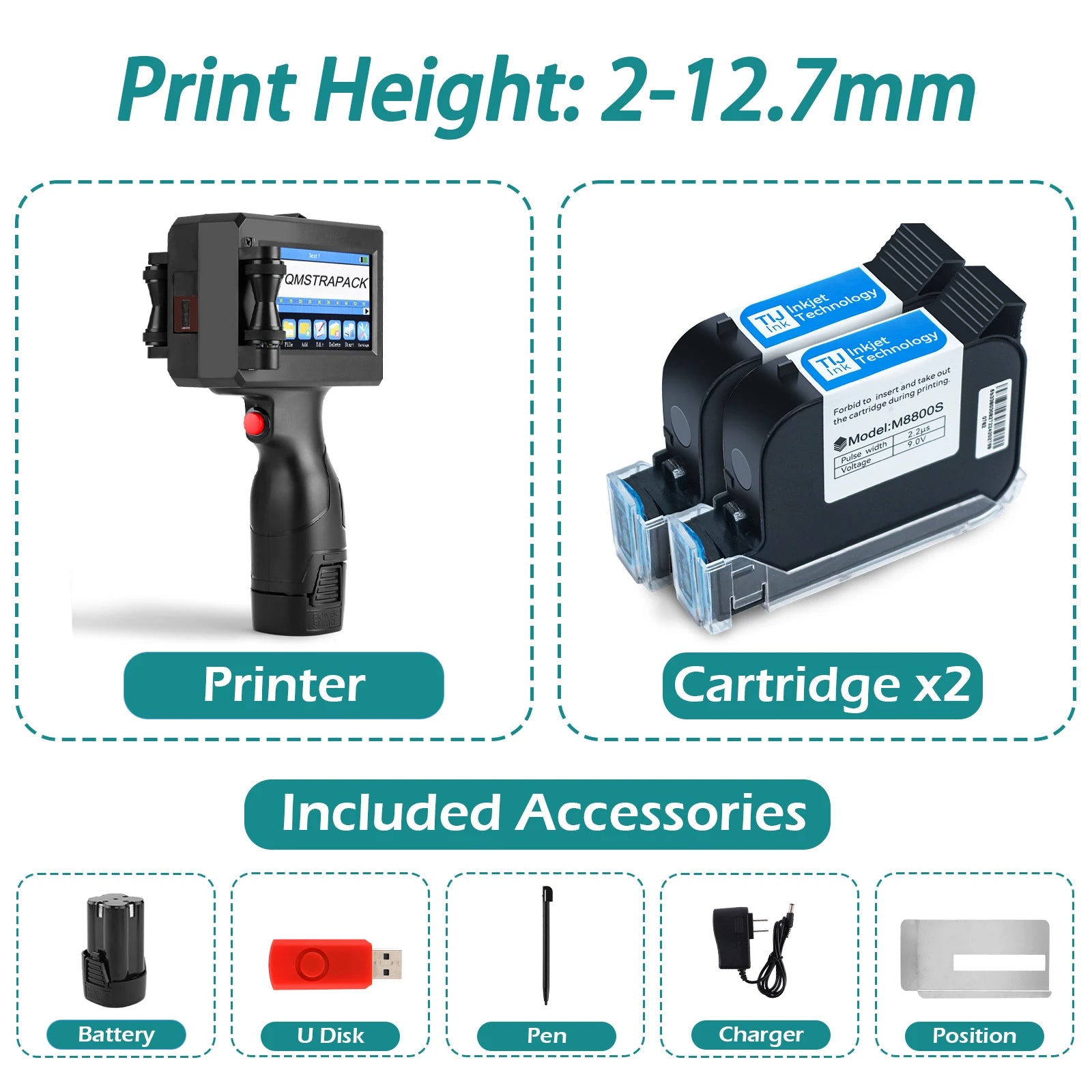 Professional Handheld Inkjet Printer 12.7mm with Fast-Drying Ink for Text, QR Code, Barcode, Batch Number, Logo, and Date Label Printing