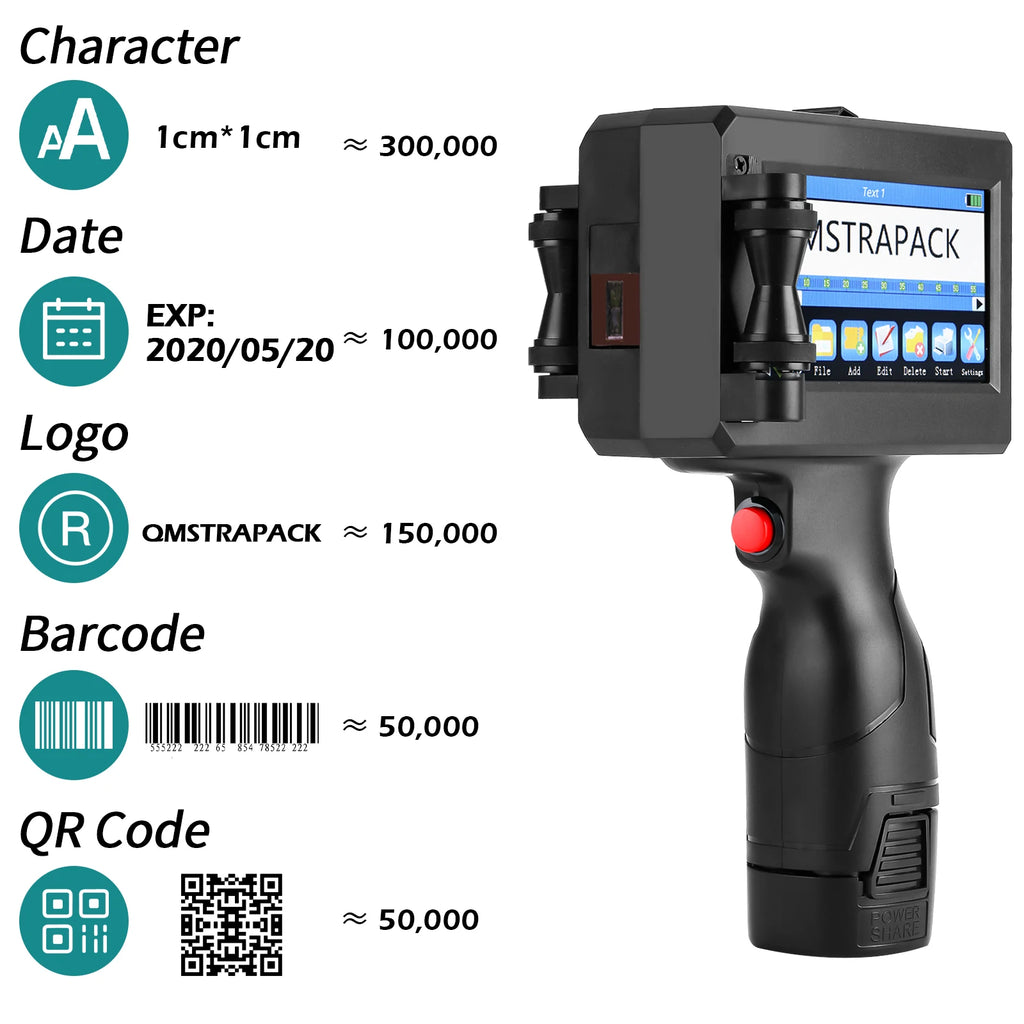 Professional Handheld Inkjet Printer 12.7mm with Fast-Drying Ink for Text, QR Code, Barcode, Batch Number, Logo, and Date Label Printing