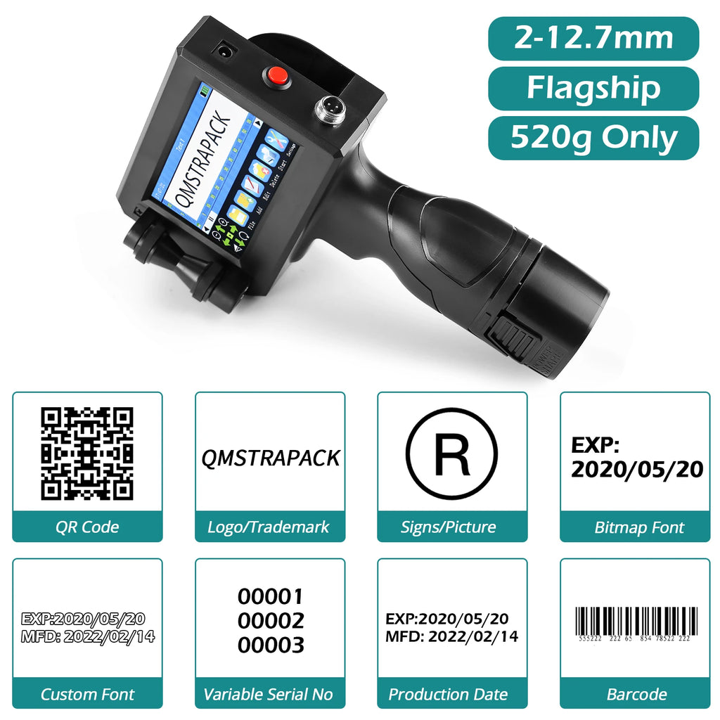 Professional Handheld Inkjet Printer 12.7mm with Fast-Drying Ink for Text, QR Code, Barcode, Batch Number, Logo, and Date Label Printing