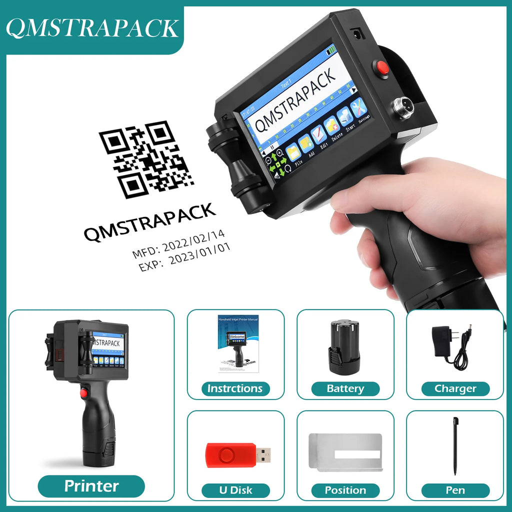 Professional Handheld Inkjet Printer 12.7mm with Fast-Drying Ink for Text, QR Code, Barcode, Batch Number, Logo, and Date Label Printing