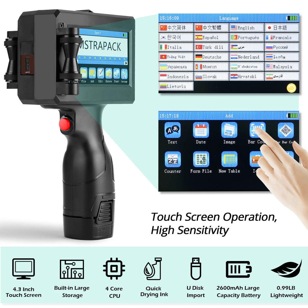 Professional Handheld Inkjet Printer 12.7mm with Fast-Drying Ink for Text, QR Code, Barcode, Batch Number, Logo, and Date Label Printing