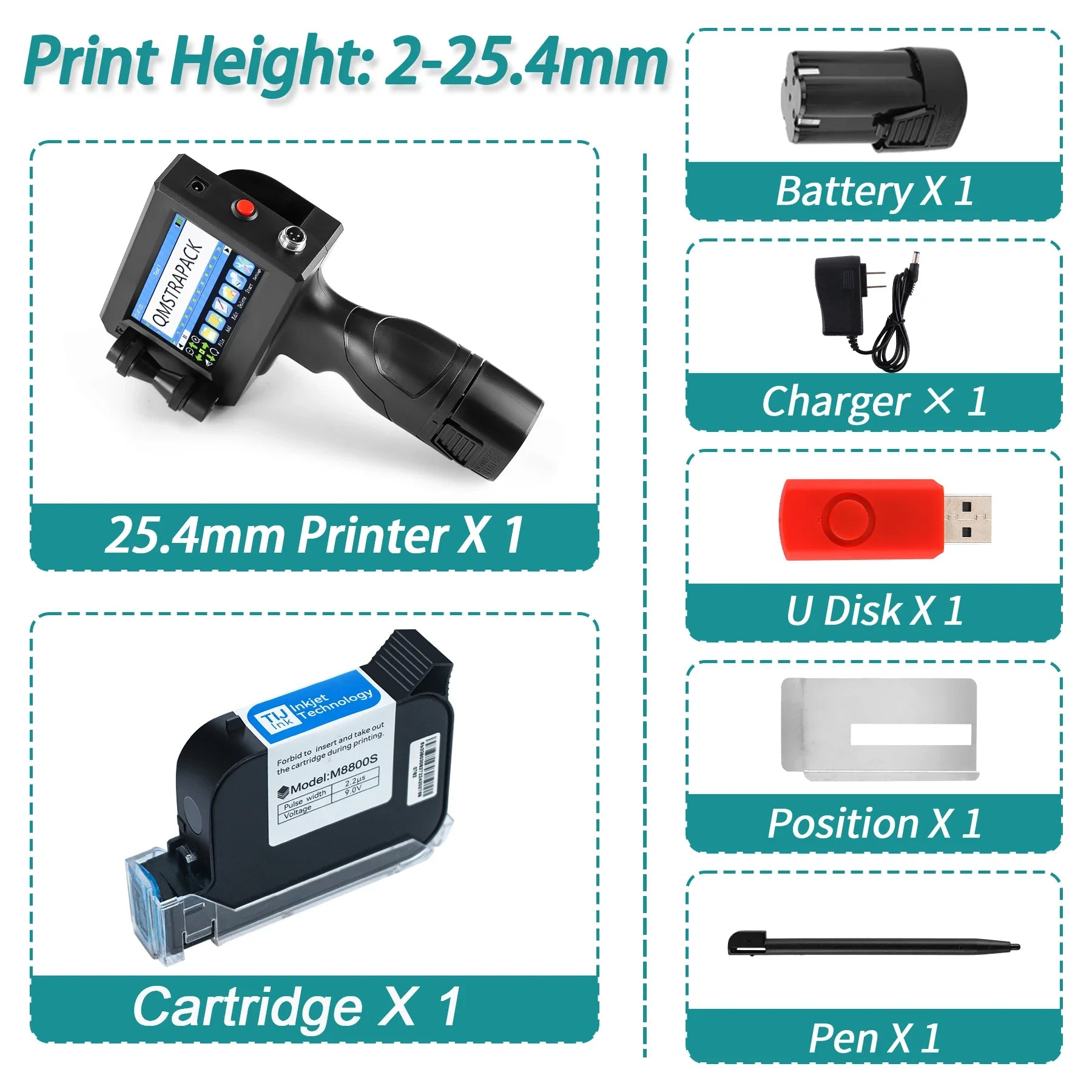 Professional Handheld Inkjet Printer 12.7mm with Fast-Drying Ink for Text, QR Code, Barcode, Batch Number, Logo, and Date Label Printing